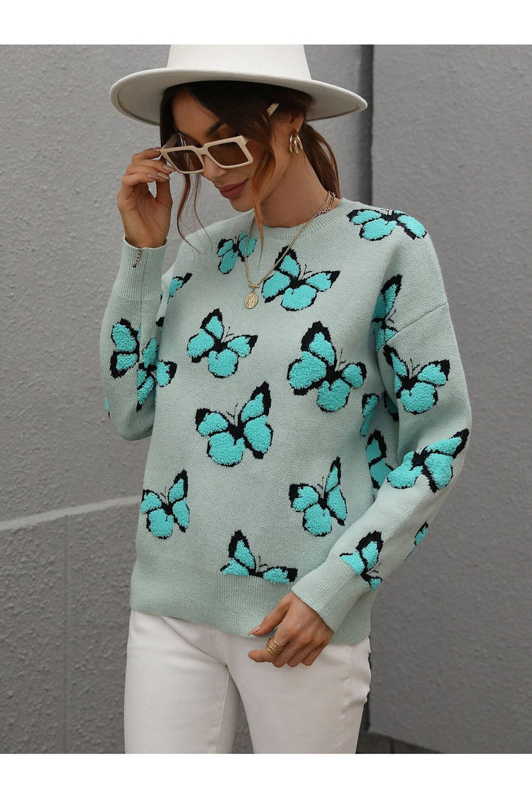 Butterfly Dropped Shoulder Crewneck Sweater - Pullover Sweaters - FITGGINS