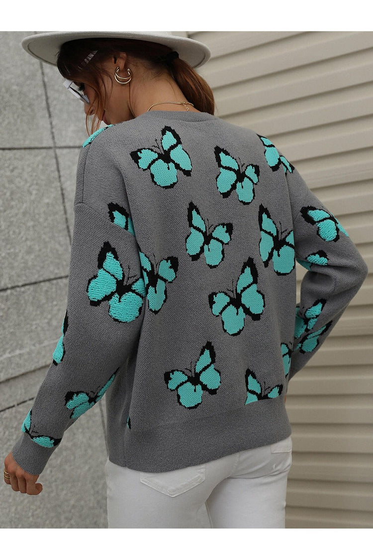 Butterfly Dropped Shoulder Crewneck Sweater - Pullover Sweaters - FITGGINS