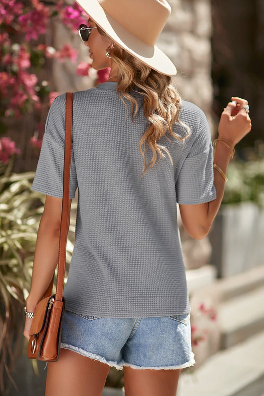 Button Detail Dropped Shoulder Waffle Knit Top - T-Shirts - FITGGINS