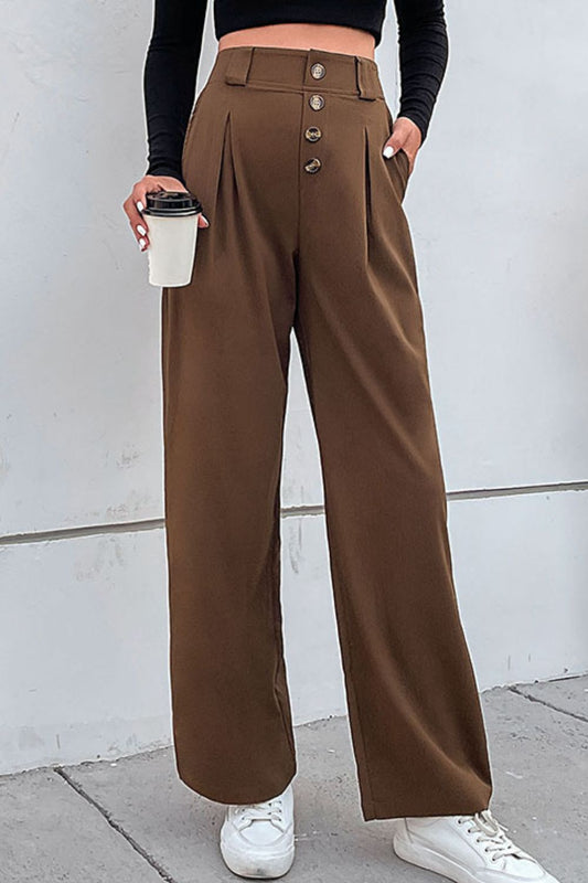 Button-Fly Pleated Waist Wide Leg Pants with Pockets - Pants - FITGGINS