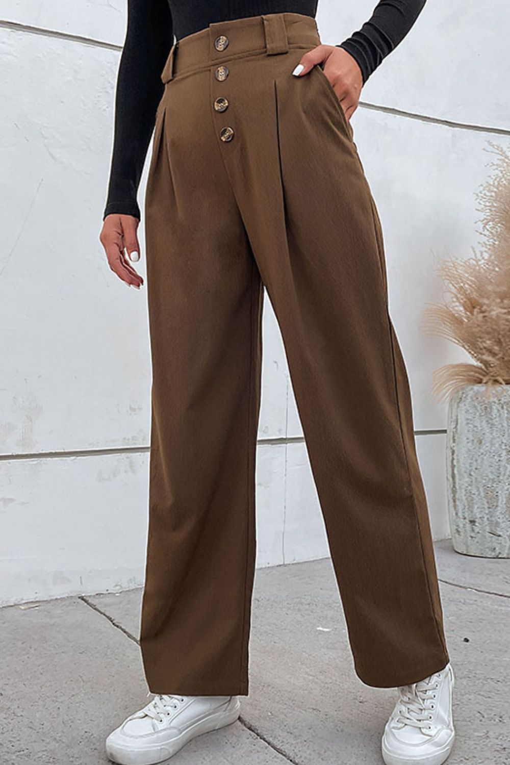 Button-Fly Pleated Waist Wide Leg Pants with Pockets - Pants - FITGGINS