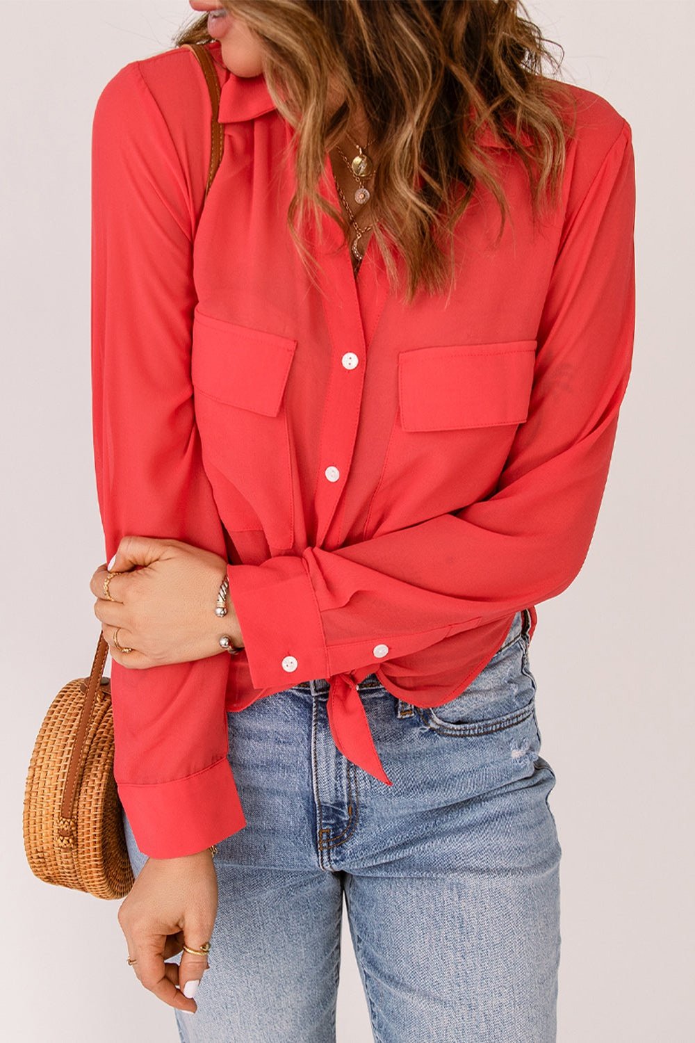 Button-Up Shirt with Pockets - Shirts - FITGGINS