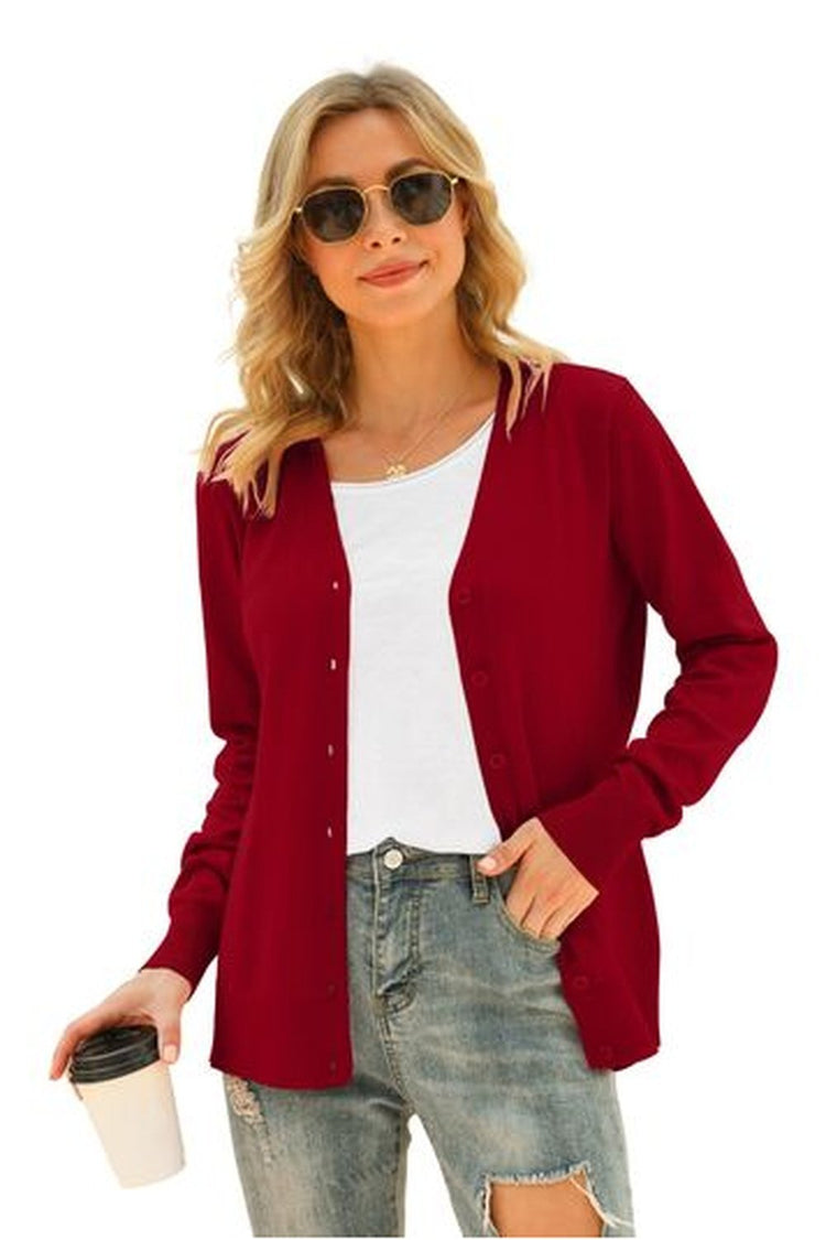 Button Up V-Neck Long Sleeve Cardigan - Cardigans - FITGGINS