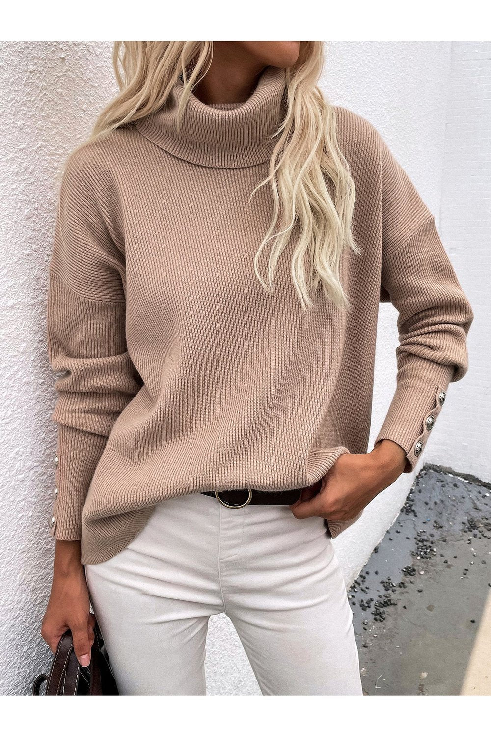 Button Detail Rib-Knit Turtleneck Sweater - Pullover Sweaters - FITGGINS