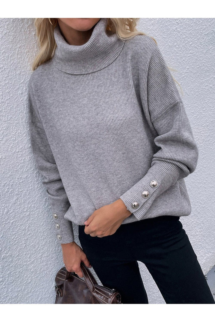 Button Detail Rib-Knit Turtleneck Sweater - Pullover Sweaters - FITGGINS