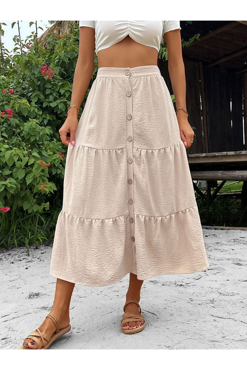 Button Down Tiered Midi Skirt - Skirts - FITGGINS