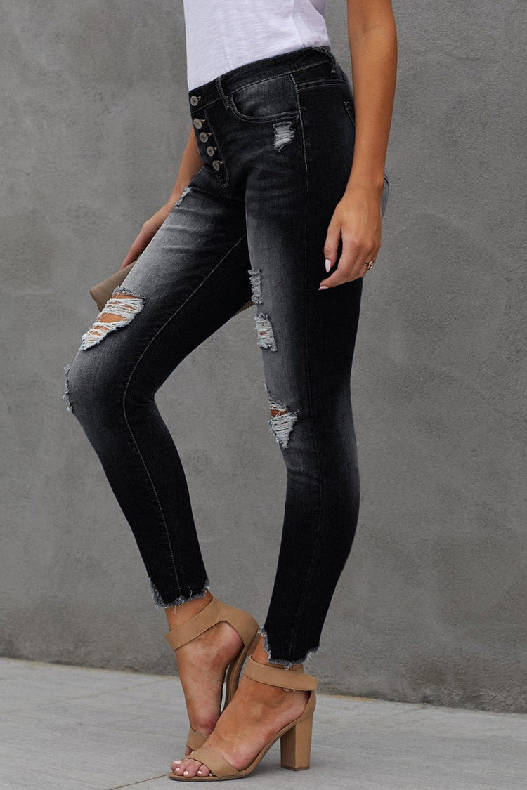 Button Fly Hem Detail Ankle-Length Skinny Jeans - Jeans - FITGGINS