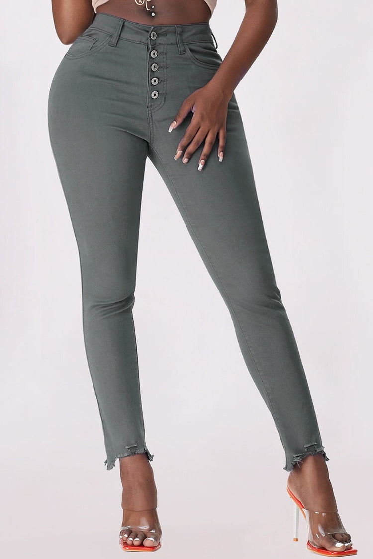 Button Fly Hem Detail Skinny Jeans - Jeans - FITGGINS