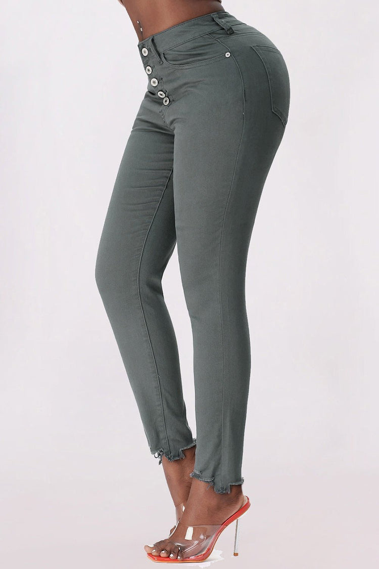 Button Fly Hem Detail Skinny Jeans - Jeans - FITGGINS