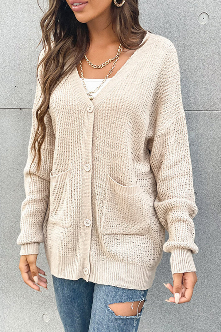Button Front Drop Shoulder Waffle Cardigan - Cardigans - FITGGINS