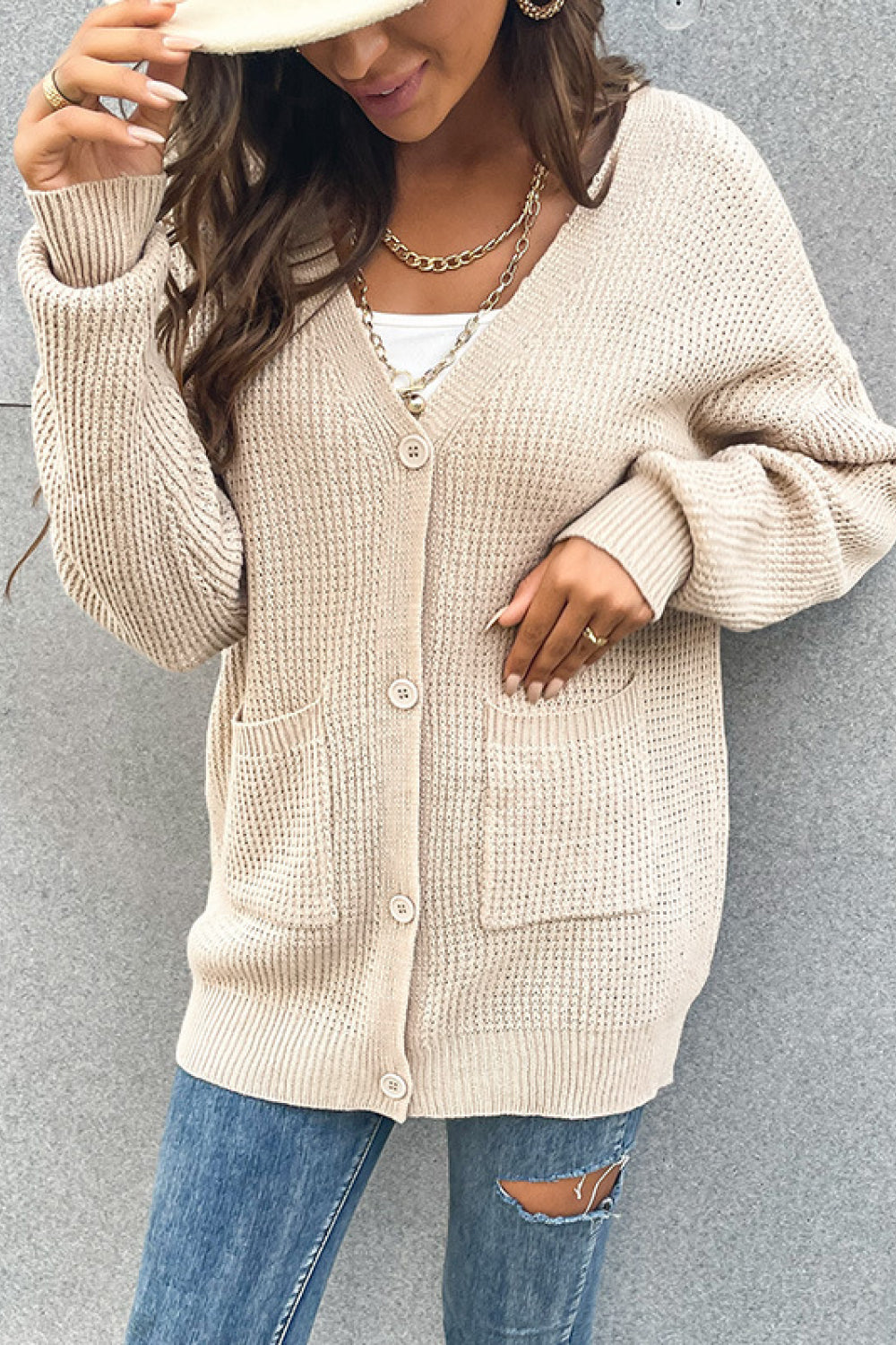 Button Front Drop Shoulder Waffle Cardigan - Cardigans - FITGGINS