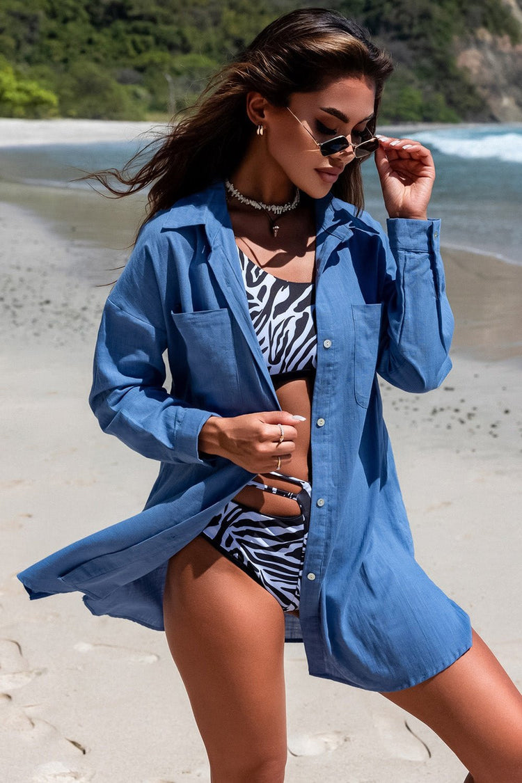 Button-Up Longline Shirt with Breast Pockets - Cover-Ups - FITGGINS