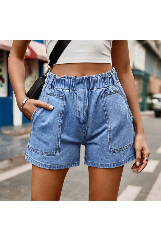Buttoned Denim Shorts with Pocket - Denim Shorts - FITGGINS