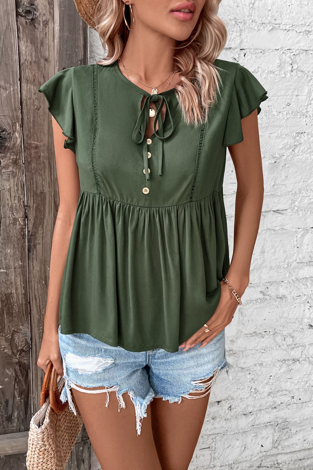 Buttoned Tie Neck Flutter Sleeve Babydoll Top - Blouses - FITGGINS