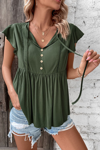 Buttoned Tie Neck Flutter Sleeve Babydoll Top - Blouses - FITGGINS