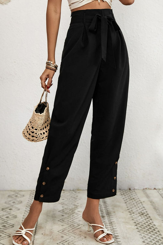 Buttoned Tie-Waist Cropped Pants - Pants - FITGGINS