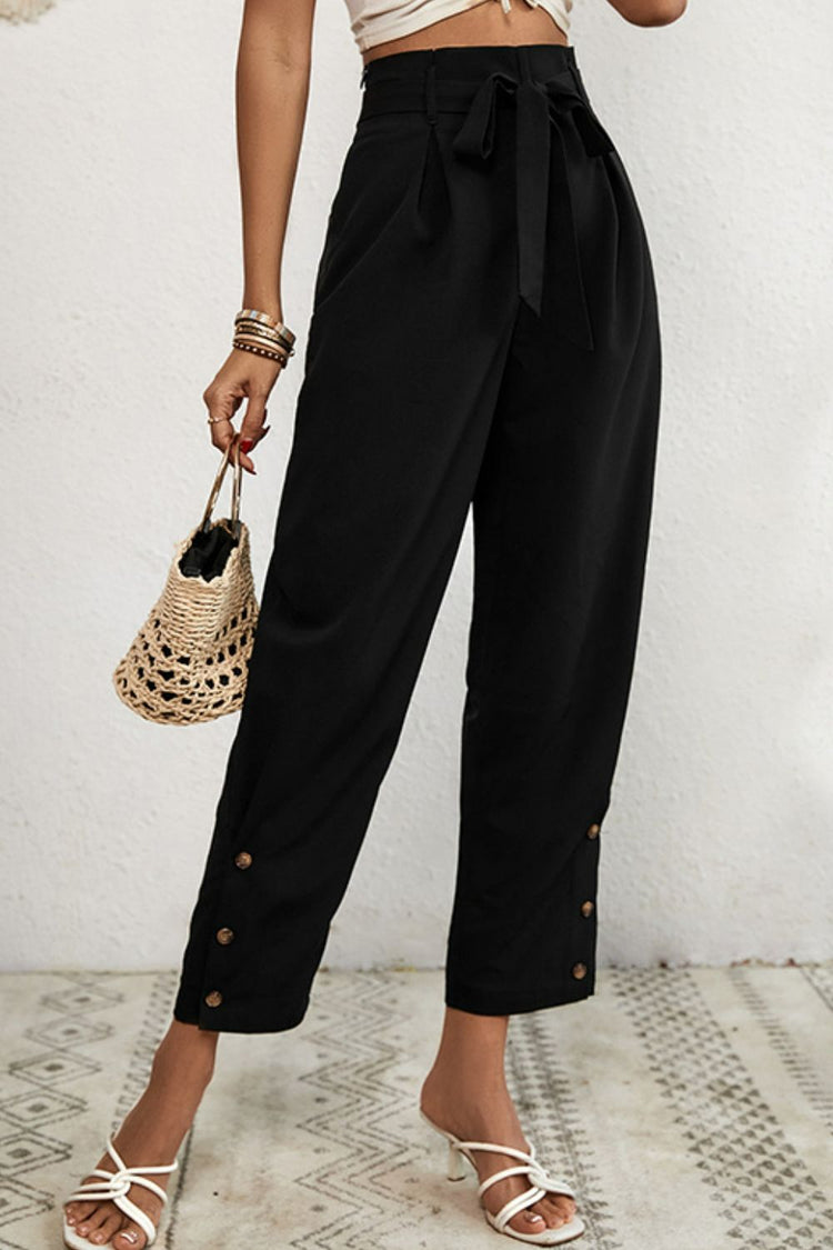 Buttoned Tie-Waist Cropped Pants