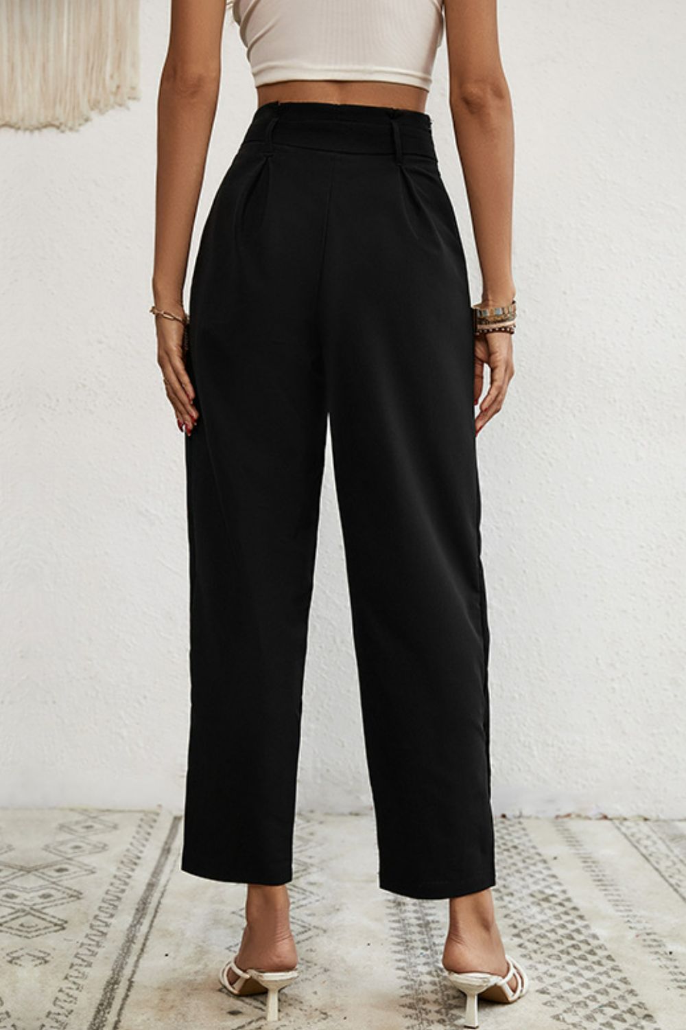 Buttoned Tie-Waist Cropped Pants - Pants - FITGGINS