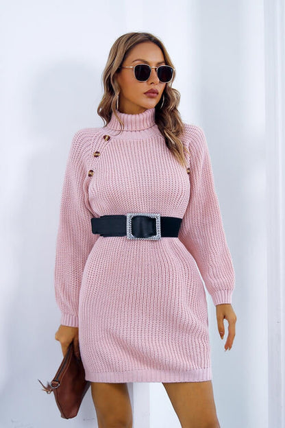 Buttoned Turtleneck Long Sleeve Sweater Dress - Sweater Dresses - FITGGINS