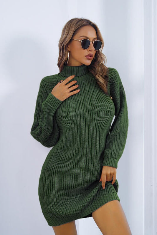 Buttoned Turtleneck Long Sleeve Sweater Dress - Sweater Dresses - FITGGINS