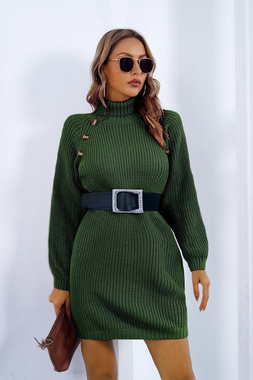 Buttoned Turtleneck Long Sleeve Sweater Dress - Sweater Dresses - FITGGINS