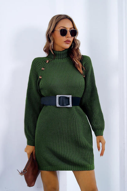 Buttoned Turtleneck Long Sleeve Sweater Dress - Sweater Dresses - FITGGINS