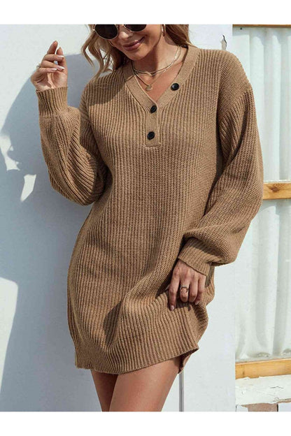 Buttoned V-Neck Sweater Dress - Sweater Dresses - FITGGINS