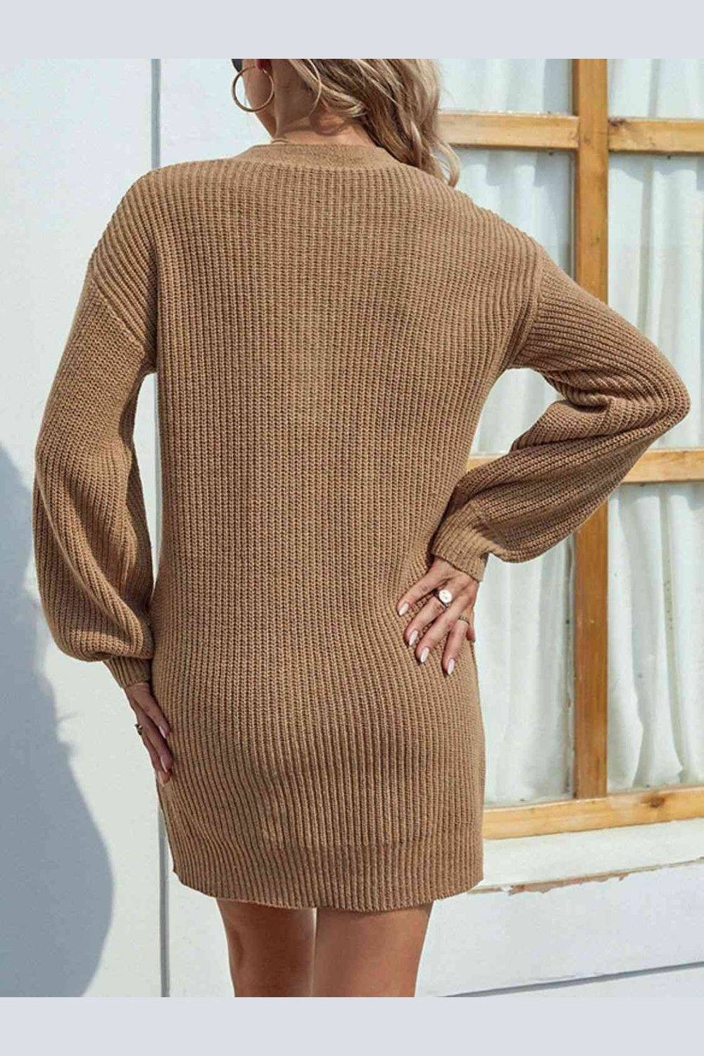Buttoned V-Neck Sweater Dress - Sweater Dresses - FITGGINS