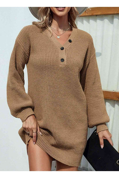 Buttoned V-Neck Sweater Dress - Sweater Dresses - FITGGINS