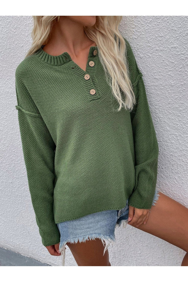Buttoned Exposed Seam High-Low Sweater - Pullover Sweaters - FITGGINS