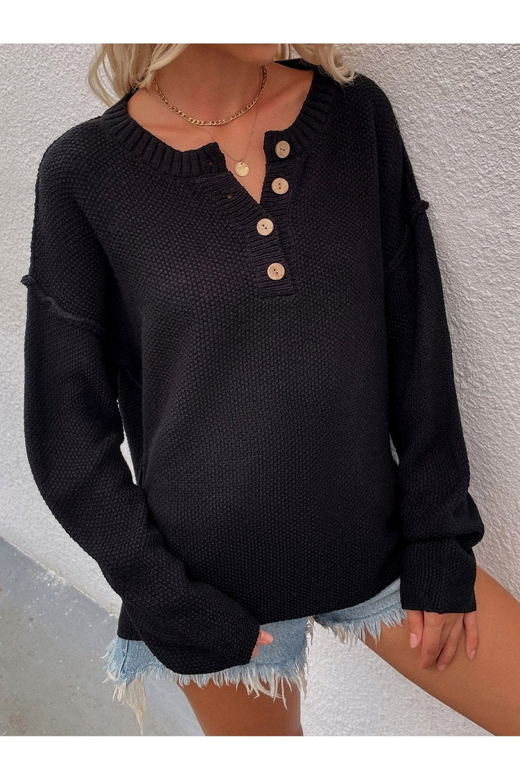 Buttoned Exposed Seam High-Low Sweater - Pullover Sweaters - FITGGINS