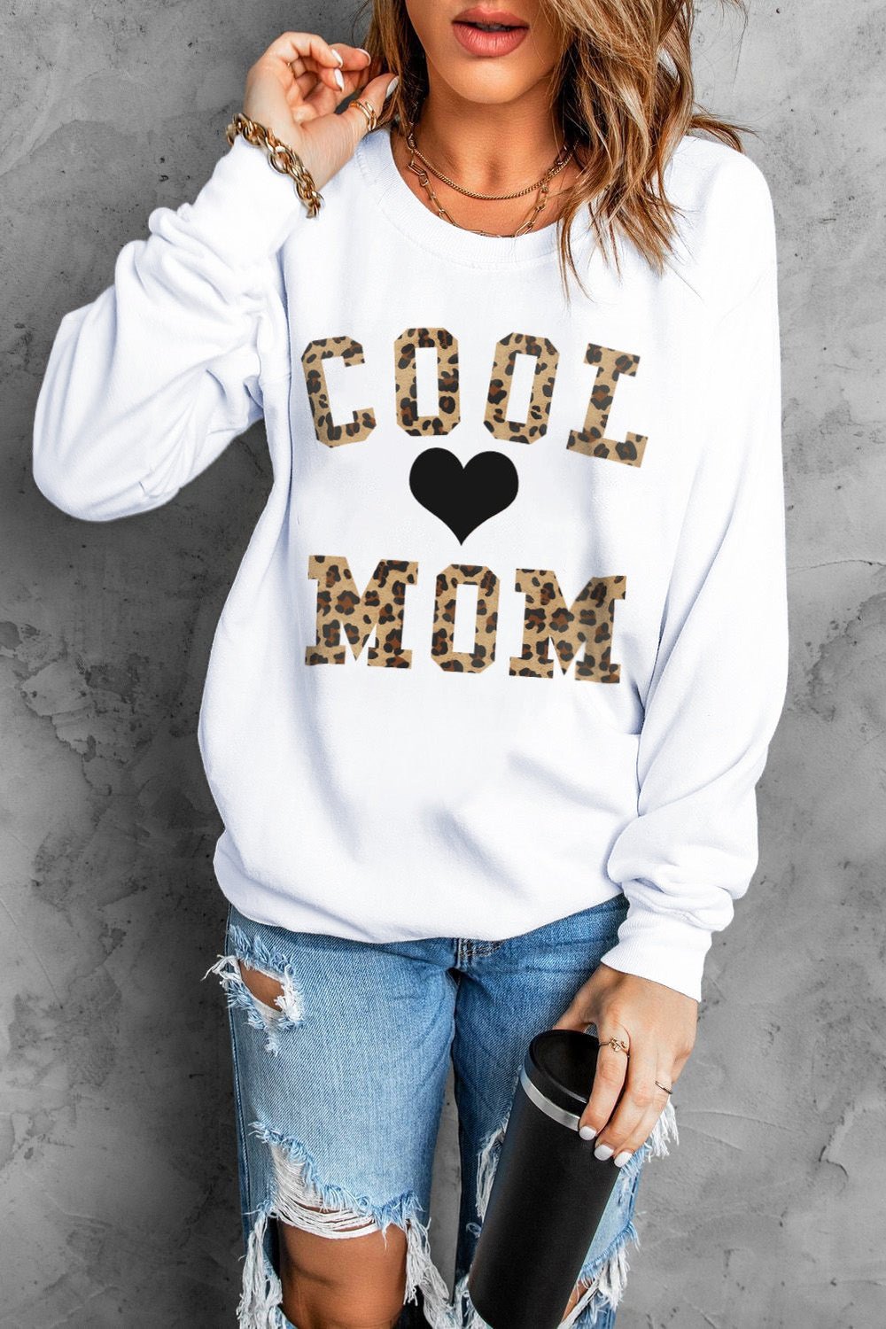COOL MOM Heart Graphic Round Neck Sweatshirt - Sweatshirts & Hoodies - FITGGINS