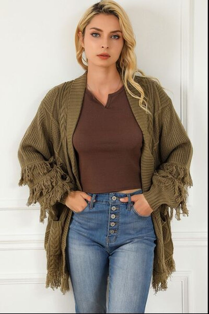 Cable-Knit Fringe Pocketed Cardigan - Cardigans - FITGGINS