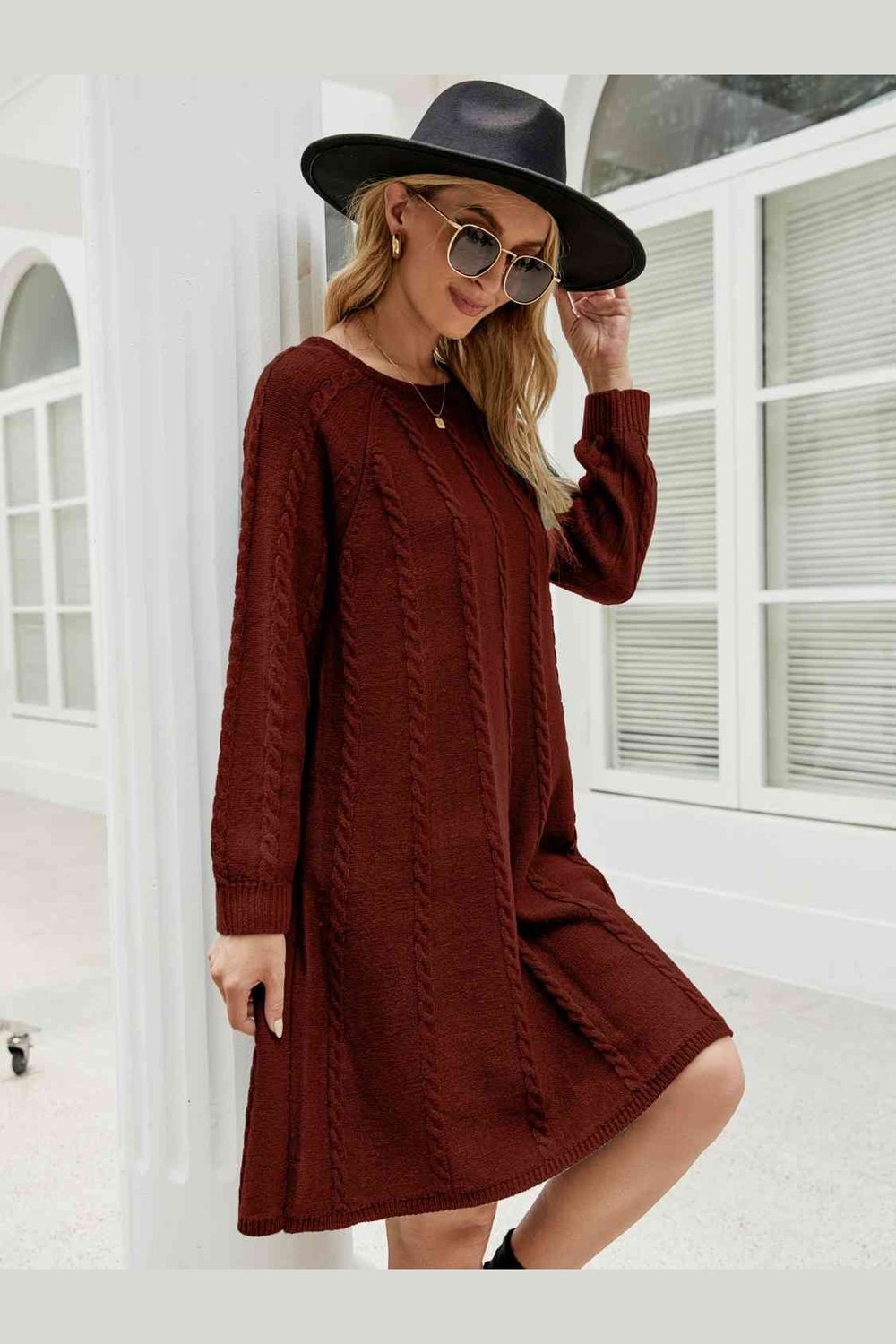 Cable-Knit Long Sleeve Sweater Dress - Sweater Dresses - FITGGINS