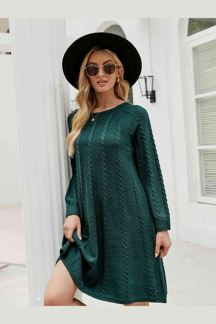 Cable-Knit Long Sleeve Sweater Dress - Sweater Dresses - FITGGINS
