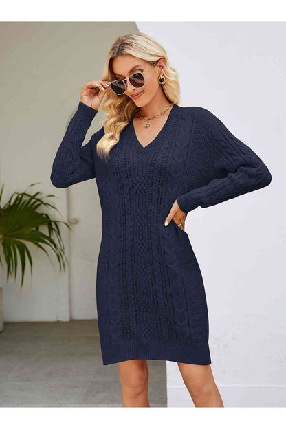 Cable-Knit V-Neck Mini Sweater Dress - Sweater Dresses - FITGGINS