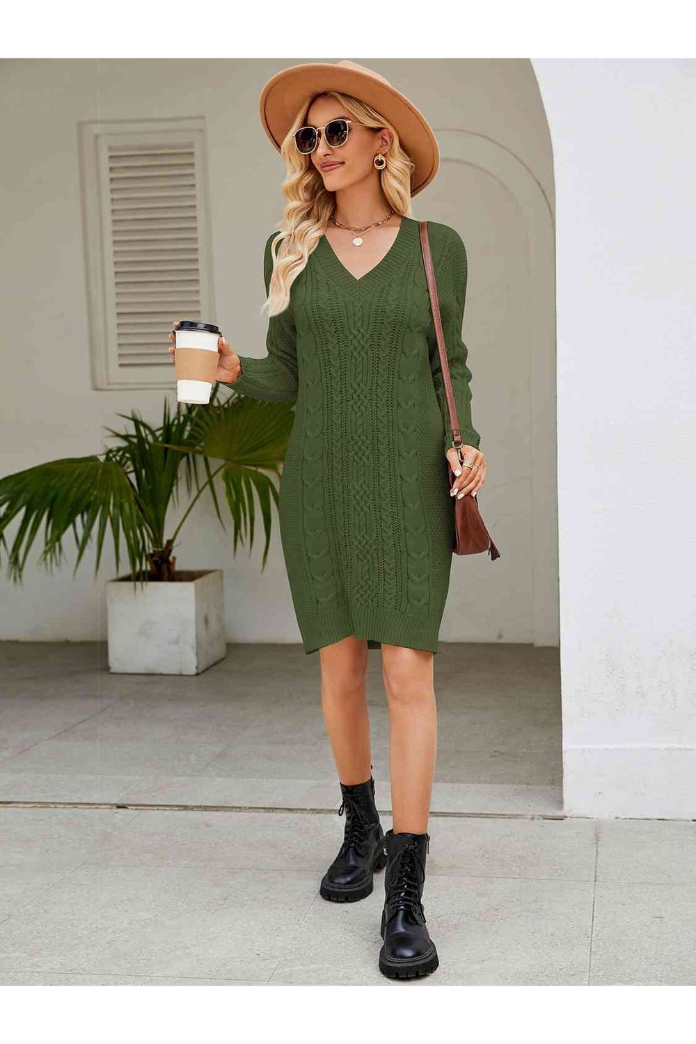 Cable-Knit V-Neck Mini Sweater Dress - Sweater Dresses - FITGGINS