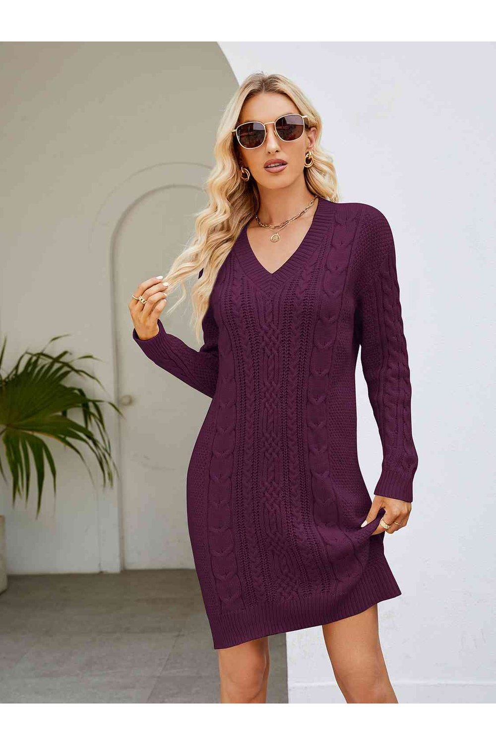 Cable-Knit V-Neck Mini Sweater Dress - Sweater Dresses - FITGGINS