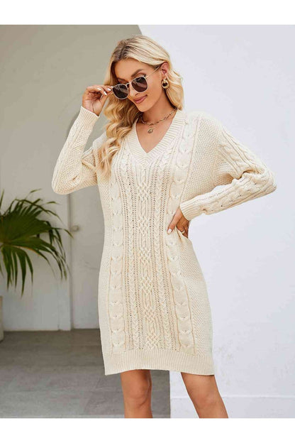 Cable-Knit V-Neck Mini Sweater Dress - Sweater Dresses - FITGGINS