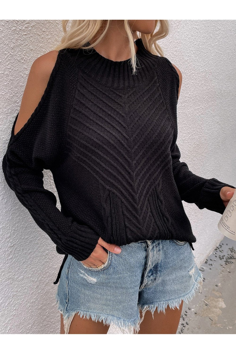 Cable-Knit Cold Shoulder Sweater - Pullover Sweaters - FITGGINS