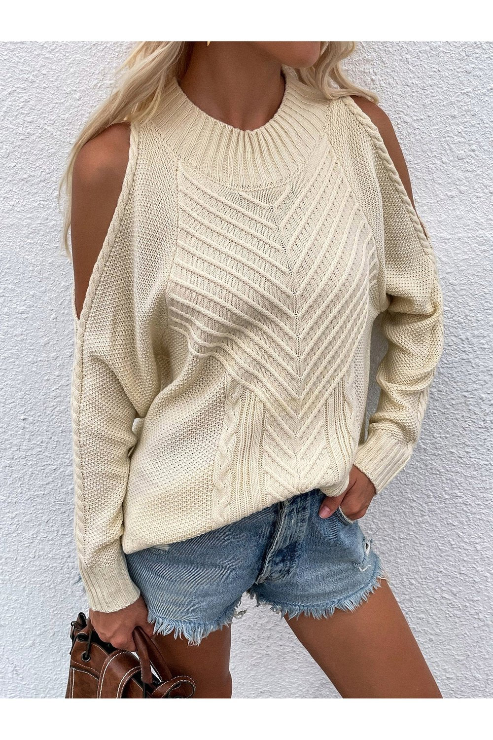 Cable-Knit Cold Shoulder Sweater - Pullover Sweaters - FITGGINS