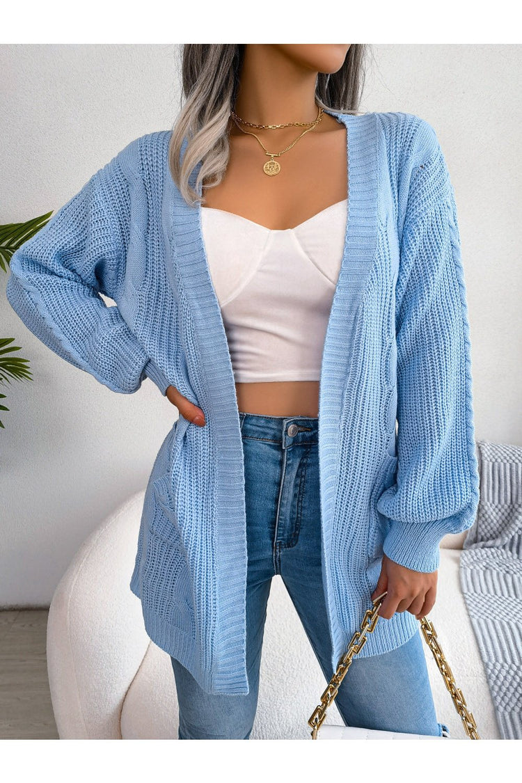 Cable-Knit Open Front Pocketed Cardigan - Cardigans - FITGGINS