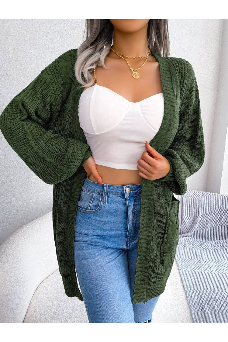 Cable-Knit Open Front Pocketed Cardigan - Cardigans - FITGGINS