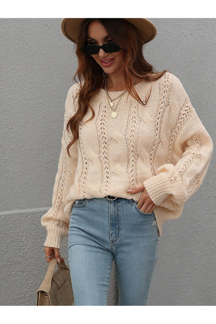 Cable-Knit Openwork Round Neck Sweater - Pullover Sweaters - FITGGINS
