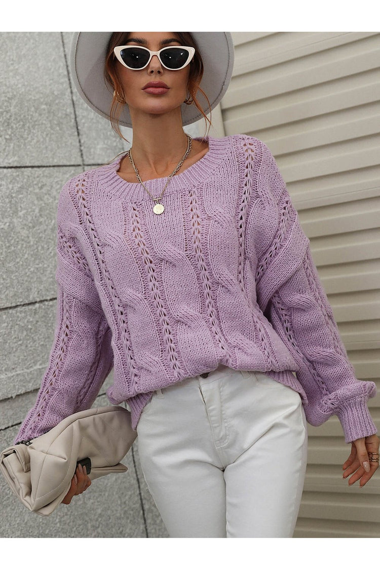 Cable-Knit Openwork Round Neck Sweater - Pullover Sweaters - FITGGINS