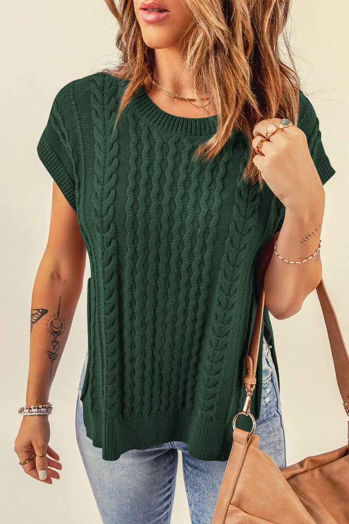 Cable-Knit Side Slit Sweater Vest - Pullover Sweaters - FITGGINS