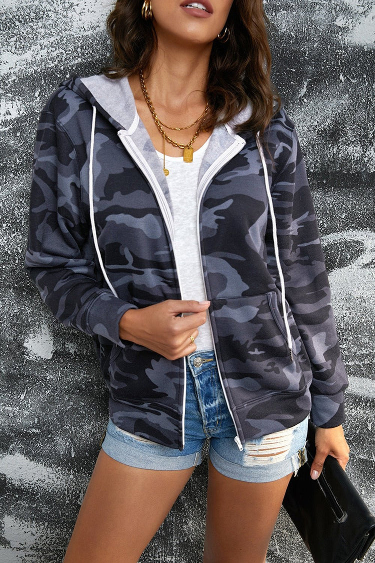 Camouflage Drawstring Detail Zip Up Hooded Jacket - Jackets - FITGGINS