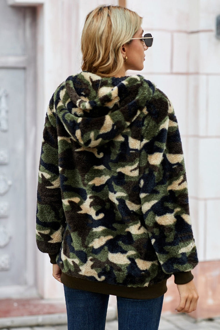 Camouflage Half Zip Fuzzy Hoodie - Sweatshirts & Hoodies - FITGGINS