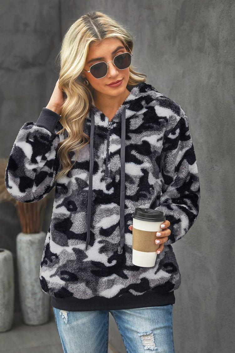 Camouflage Half Zip Fuzzy Hoodie - Sweatshirts & Hoodies - FITGGINS