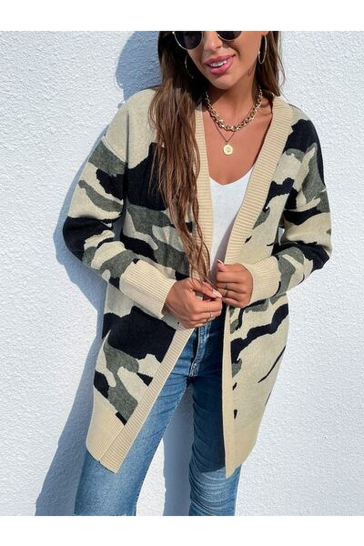 Camouflaged Dropped Shoulder Open Front Cardigan - Cardigans - FITGGINS